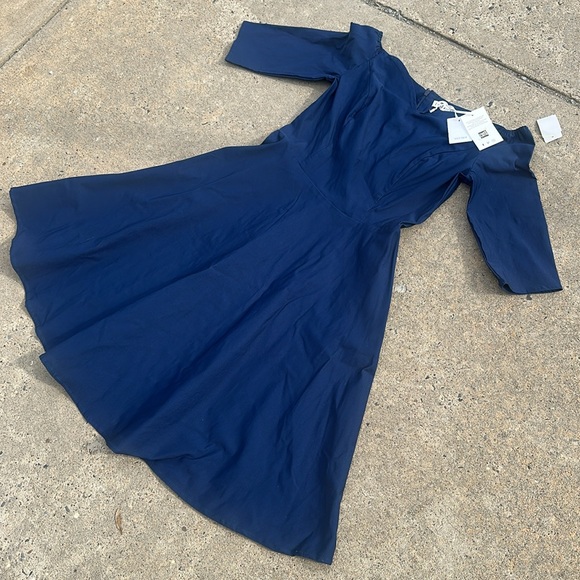 Grace Karin 3/4 Sleeve Off Shoulder Pleated Fit & Flare A-Line Dress Navy Large - Picture 4 of 5